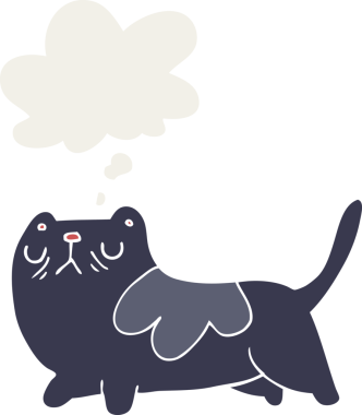 Düşünce baloncuğu olan çizgi film kedisi insan tarafından çizilmiş.