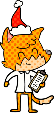 Bir insan tarafından çizilmiş Noel Baba şapkası giyen arkadaş canlısı bir tilki yöneticisinin el çizimi çizgi roman tarzı çizimi.