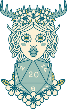 Retro Dövme Tarzı Elf Karakteri Nautral 20 zar bir insan tarafından çizilmiş