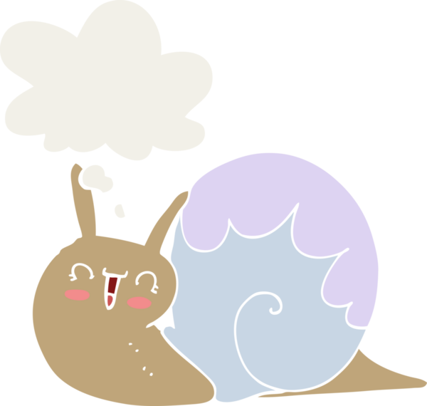 Düşünce baloncuğu insan tarafından çizilmiş sevimli çizgi film salyangozu.