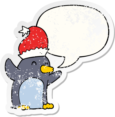 Konuşma baloncuğu olan şirin bir penguen. Bir insan tarafından çizilmiş sıkıntılı eski bir çıkartma.