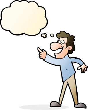 Çizgi filmci bir insan tarafından çizilmiş düşünce balonuyla gülüyor ve işaret ediyor.