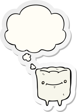 İnsan tarafından çizilmiş bir çıkartma gibi düşünce baloncuklu çizgi film mutlu dişi.