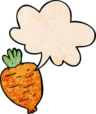 Bir insan tarafından çizilmiş, retro desenli konuşma baloncuklu karikatür kökü sebzesi.