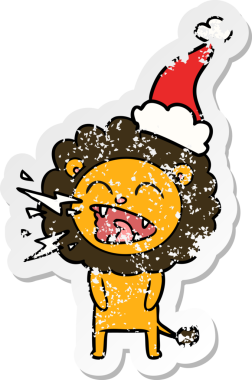 Kükreyen bir aslanın insan tarafından çizilmiş Noel Baba şapkasıyla çizilmiş bir karikatür.