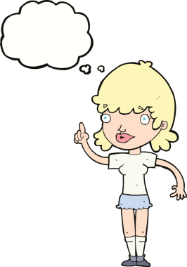 Bir insan tarafından çizilmiş düşünce baloncuğu fikri olan karikatür kadın.