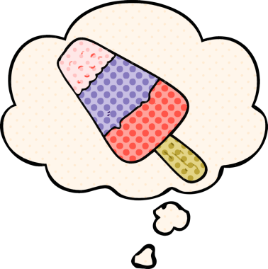 Bir insan tarafından çizilmiş çizgi roman tarzındaki düşünce baloncuklu buz lolipopu.