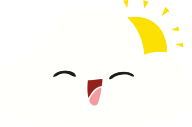 Bir insan tarafından çizilmiş garip bir çizgi film güneşi ve mutlu bulut.