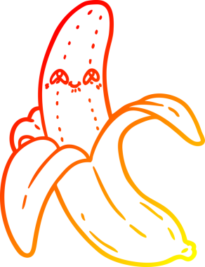 Bir insan tarafından çizilmiş çılgın, mutlu bir muzun çizgi çizimi.