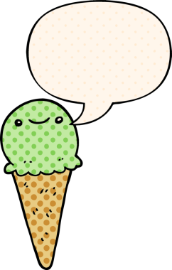 Bir insan tarafından çizilmiş çizgi roman tarzında konuşma baloncuklu çizgi film dondurması.