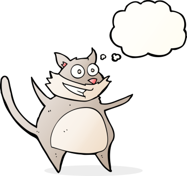 Bir insan tarafından çizilmiş düşünce baloncuklu komik çizgi film kedisi.