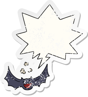 Konuşma baloncuğu olan karikatür yarasası bir insan tarafından çizilmiş sıkıntılı eski bir çıkartma