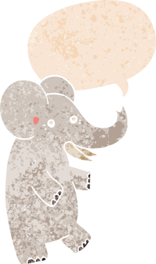 grunge 'da konuşma baloncuğu olan karikatür fili bir insan tarafından çizilmiş dertli retro tarzı.