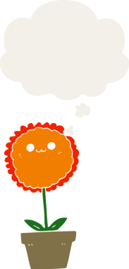 Düşünce baloncuğu olan karikatür çiçeği insan tarafından çizilmiş.