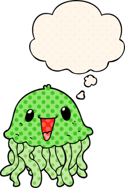 Çizgi roman tarzında bir insan tarafından çizilmiş düşünce baloncuklu denizanası çizgi filmi.