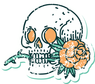 Bir insan tarafından çizilmiş kafatası ve gülün sembolik dövmeli görüntüsü.