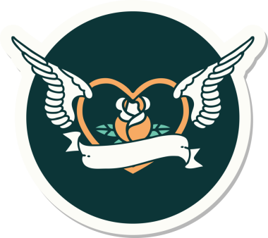 Geleneksel bir dövme stili. Uçan kalp. Çiçekler ve bir insan tarafından çizilmiş bayrak.