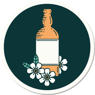 Rom şişesi ve bir insan tarafından çizilmiş çiçek şeklinde dövme çıkartması.