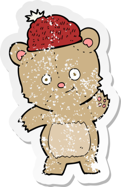 Bir insan tarafından çizilmiş şapkalı çizgi film ayısının gerilimli çıkartması.