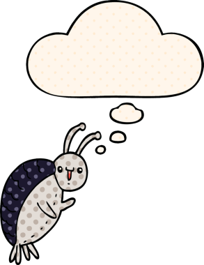 Çizgi roman tarzında bir insan tarafından çizilmiş düşünce baloncuklu çizgi film böceği.