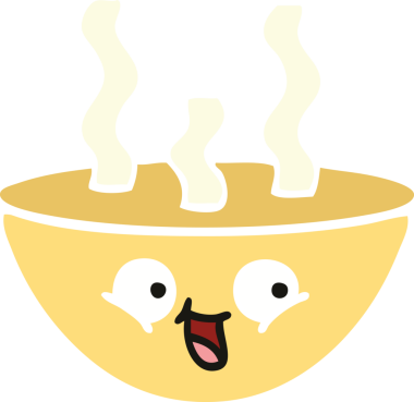 Bir insan tarafından çizilmiş sıcak çorba kasesinin düz renkli retro karikatürü