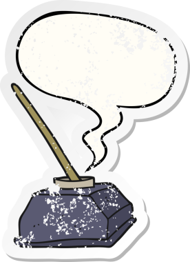 Karikatür eski mürekkep saksısı ve konuşma baloncuklu kalem bir insan tarafından çizilmiş sıkıntılı eski bir çıkartma