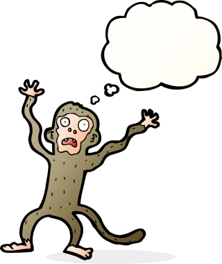 Bir insan tarafından çizilmiş düşünce balonlu korkmuş maymun çizgi filmi.