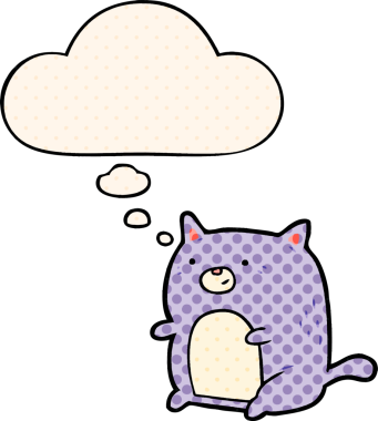 Çizgi roman tarzında düşünce baloncuğu olan çizgi film kedisi insan tarafından çizilmiş.