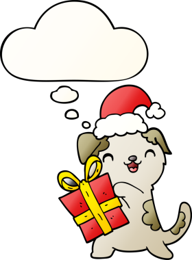 Noel hediyesi olan şirin bir çizgi film köpeği ve bir insan tarafından çizilmiş yumuşak eğimli düşünce baloncuklu bir şapka.