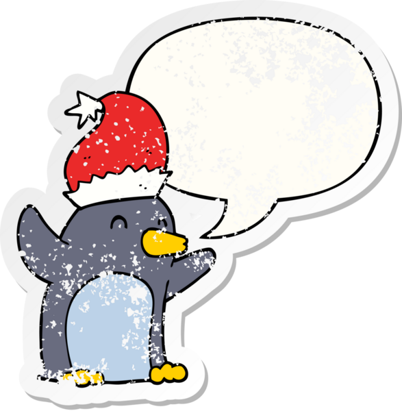 Konuşma baloncuğu olan şirin bir penguen. Bir insan tarafından çizilmiş sıkıntılı eski bir çıkartma.