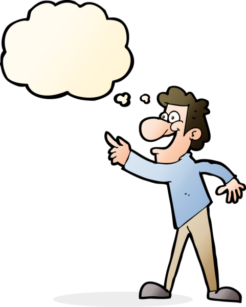 Çizgi filmci bir insan tarafından çizilmiş düşünce balonuyla gülüyor ve işaret ediyor.