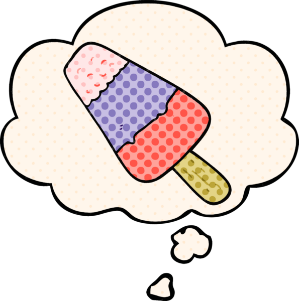 Bir insan tarafından çizilmiş çizgi roman tarzındaki düşünce baloncuklu buz lolipopu.