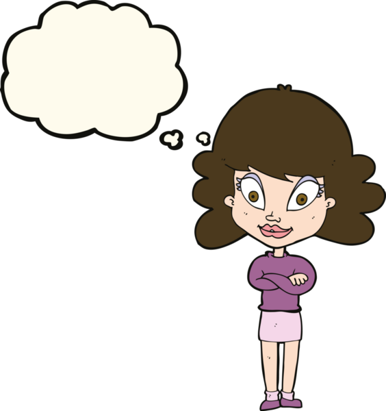 Bir insan tarafından çizilmiş düşünce balonuyla kollarını kavuşturmuş mutlu bir kadın çizgi filmi.