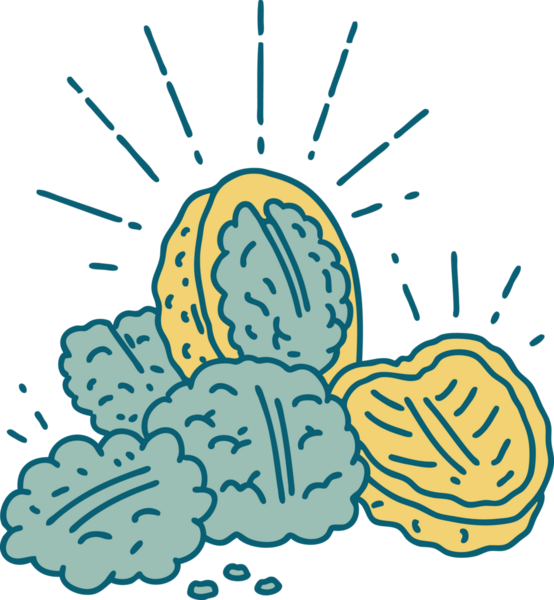 Bir insan tarafından çizilmiş geleneksel dövmeli ceviz resmi.