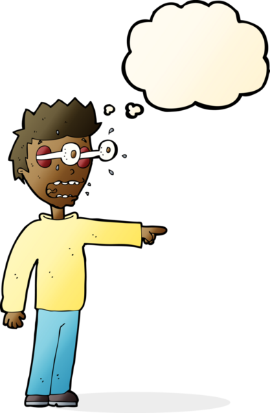 Bir insan tarafından çizilmiş düşünce baloncuğuyla gözleri fırlayan çizgi film adamı.