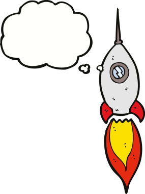 Bir insan tarafından çizilmiş düşünce baloncuklu bir uzay gemisi.