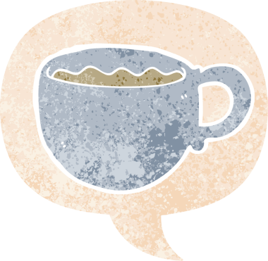 Bir insan tarafından çizilmiş grunge dertli retro desenli konuşma balonlu çizgi film kahve fincanı.