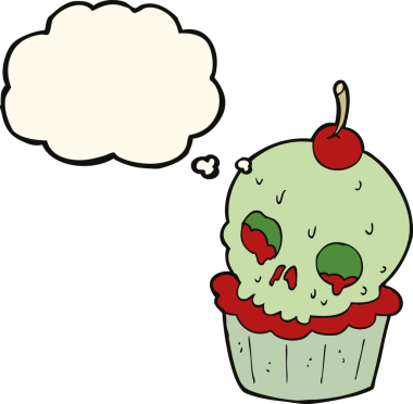 Bir insan tarafından çizilmiş düşünce baloncuklu Cadılar Bayramı pastası.