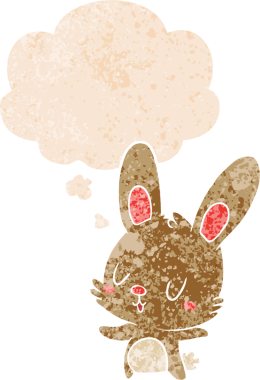 Homurdanan düşünce baloncuğu olan sevimli çizgi film tavşanı bir insan tarafından çizilmiş dertli retro tarzı.