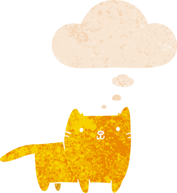 grunge 'da düşünce baloncuğu olan çizgi film kedisi bir insan tarafından çizilmiş dertli retro desenli