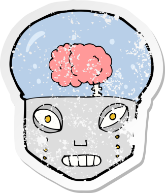 Bir insan tarafından çizilmiş ürkütücü robot kafanın gerilimli çıkartması.