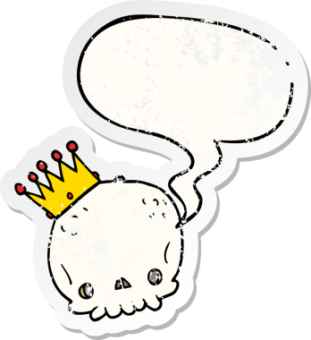 Sözcük baloncuklu karikatür kafatası bir insan tarafından çizilmiş sıkıntılı eski bir çıkartma