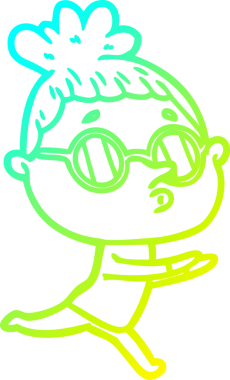 Bir insan tarafından çizilmiş gözlük takan çizgi film kadını çizimi.