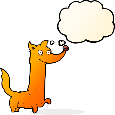 Bir insan tarafından çizilmiş düşünce balonlu mutlu bir köpek.