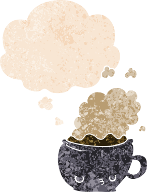 Hoş çizgi film kahve fincanı. Düşünce baloncuğu, grunge, sıkıntılı retro tarzı bir insan tarafından çizilmiş.