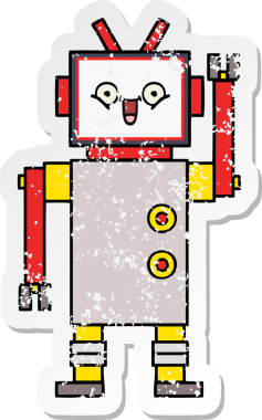 Bir insan tarafından çizilmiş mutlu bir robotun üzgün çıkartması.