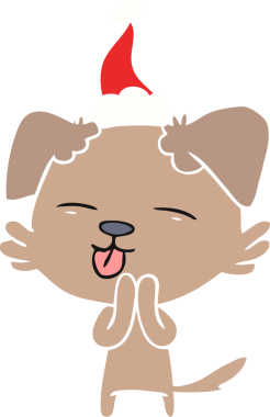 Bir insan tarafından çizilmiş Noel Baba şapkası takan bir köpeğin el çizimi düz renk çizimi.