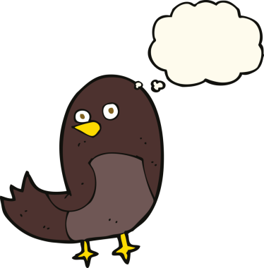 Bir insan tarafından çizilmiş düşünce baloncuklu çizgi film kuşu.