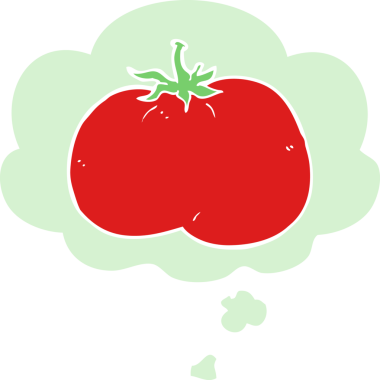 Düşünce baloncuklu karikatür domatesi insan tarafından çizilmiş.
