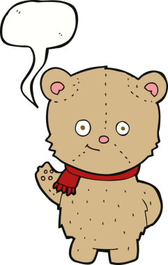 Bir insan tarafından çizilmiş konuşma balonlu oyuncak ayıyı sallayan çizgi film.